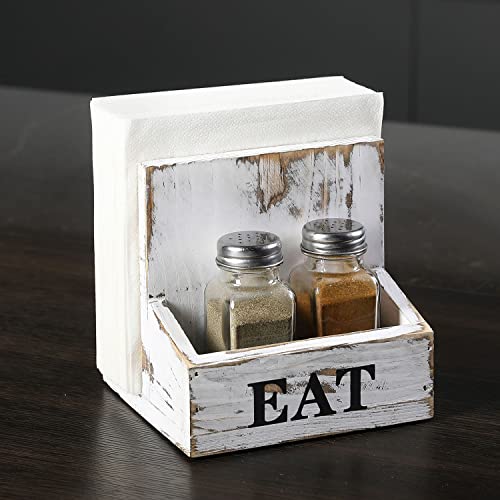 MyGift Napkin Holder for Table Wood Napkin Holder with Salt and Pepper Shakers Set Condiment Caddy with Bold Black Printed EAT Design Standing Paper Napkin Storage for Kitchen Dining Table Decor - Image 3