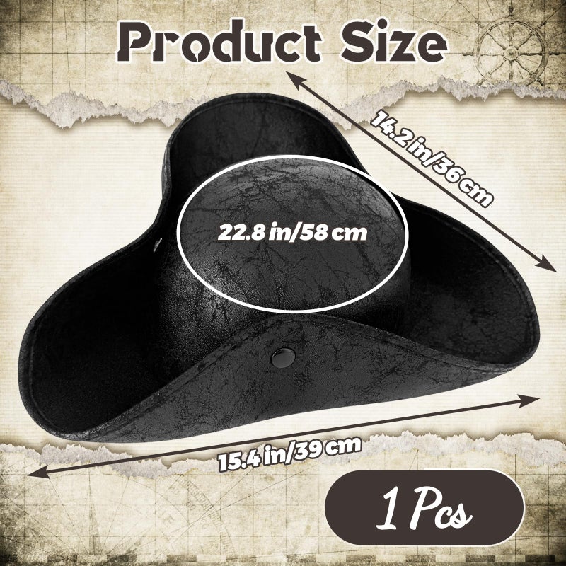 Xeehwb Black Pirate-Hat,Women Tricorn Leather Hat,Men Vintage Wrinkle Pirate Hat for Halloween Party Costume Accessories - Image 2