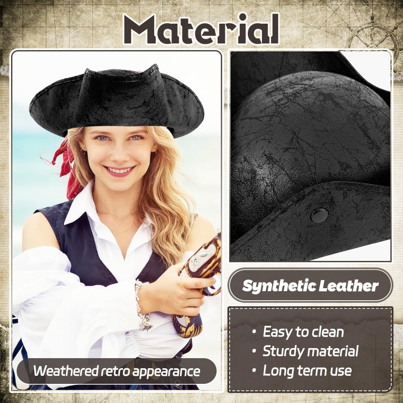 Xeehwb Black Pirate-Hat,Women Tricorn Leather Hat,Men Vintage Wrinkle Pirate Hat for Halloween Party Costume Accessories - Image 3