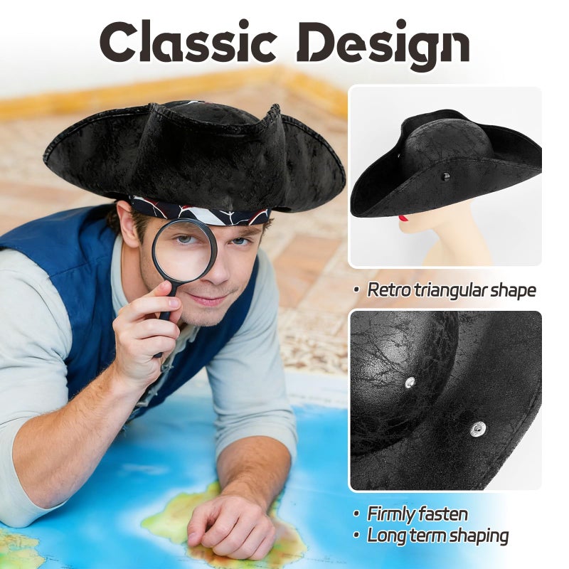 Xeehwb Black Pirate-Hat,Women Tricorn Leather Hat,Men Vintage Wrinkle Pirate Hat for Halloween Party Costume Accessories - Image 4