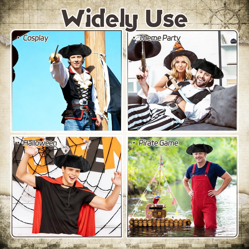 Xeehwb Black Pirate-Hat,Women Tricorn Leather Hat,Men Vintage Wrinkle Pirate Hat for Halloween Party Costume Accessories - Image 5