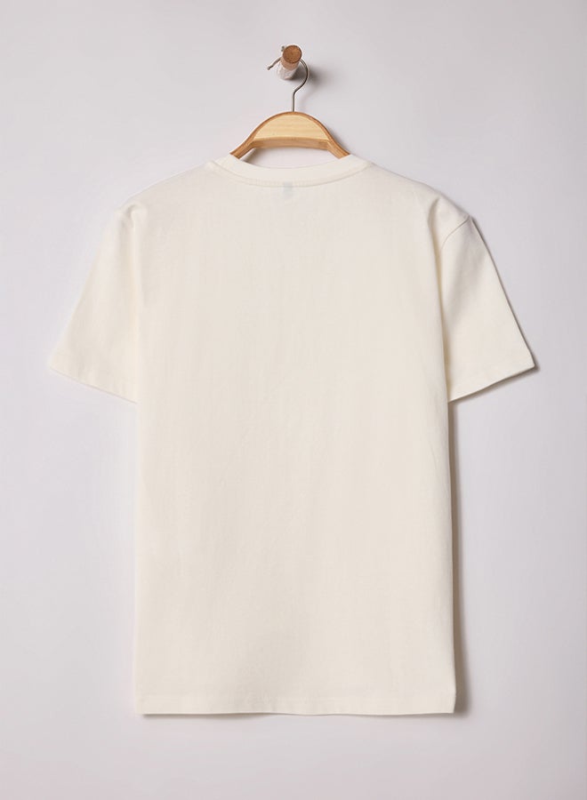 trendyol Ecru Regular Cut Spicy Text Embroidered 100% Cotton T-Shirt - Image 3