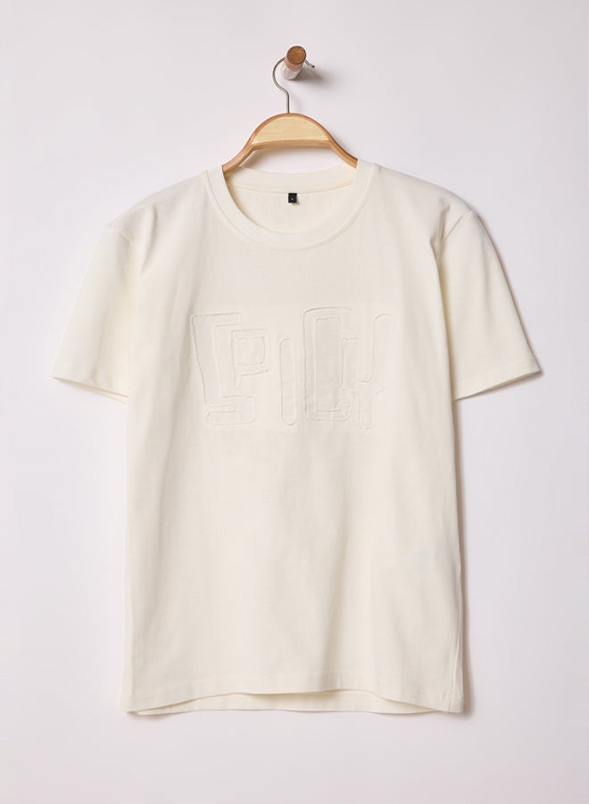 trendyol Ecru Regular Cut Spicy Text Embroidered 100% Cotton T-Shirt - Image 4