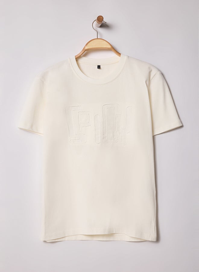trendyol Ecru Regular Cut Spicy Text Embroidered 100% Cotton T-Shirt - Image 2
