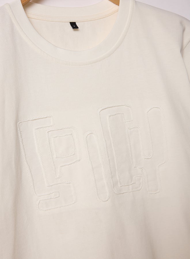 trendyol Ecru Regular Cut Spicy Text Embroidered 100% Cotton T-Shirt - Image 5