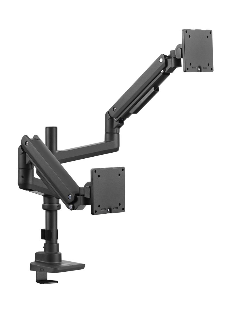 Skill Tech Skilltech SH69 C024P Dual Gas Spring Monitor Arm for 17"–49" Screens | 2–20kg Load | Full Motion Tilt/Swivel/Rotation | VESA 75/100 | Clamp & Grommet Mount – Premium Black - Image 1