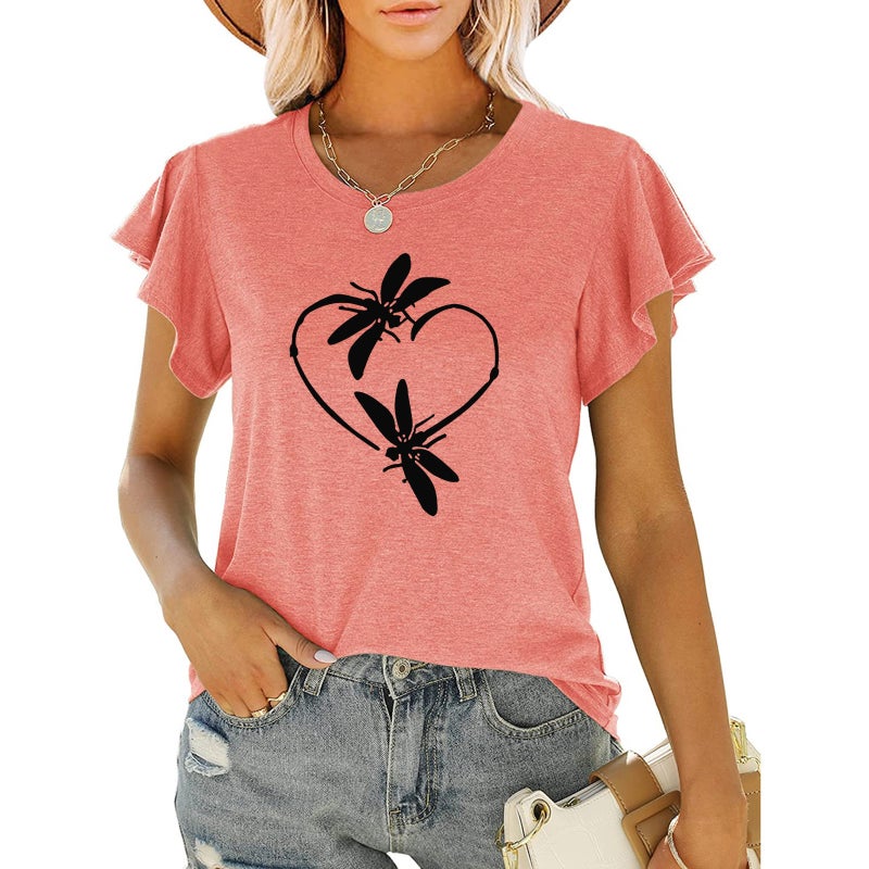 New Women'S Love Dragonfly Printed Round Neck Ruffled Short Sleeve Loose Top T-Shirt - Image 5