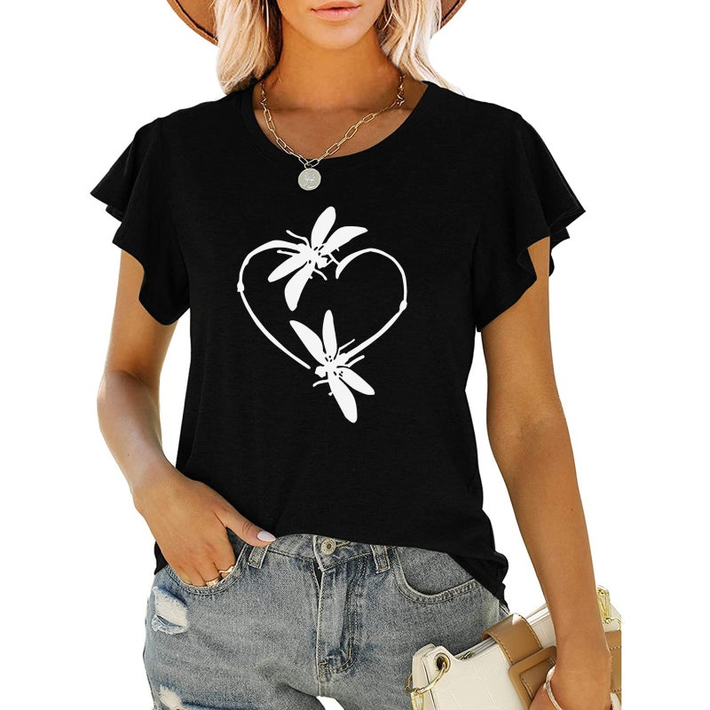 New Women'S Love Dragonfly Printed Round Neck Ruffled Short Sleeve Loose Top T-Shirt - Image 4