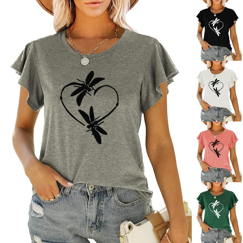 New Women'S Love Dragonfly Printed Round Neck Ruffled Short Sleeve Loose Top T-Shirt - Image 2