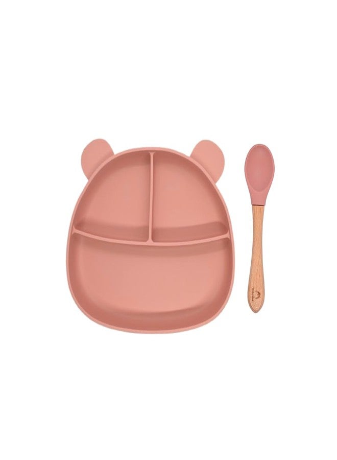 Babylief Bear-Shaped Silicone Divided Plate with Matching Wooden Handle Silicone Spoons Combo (Pink) - Image 1