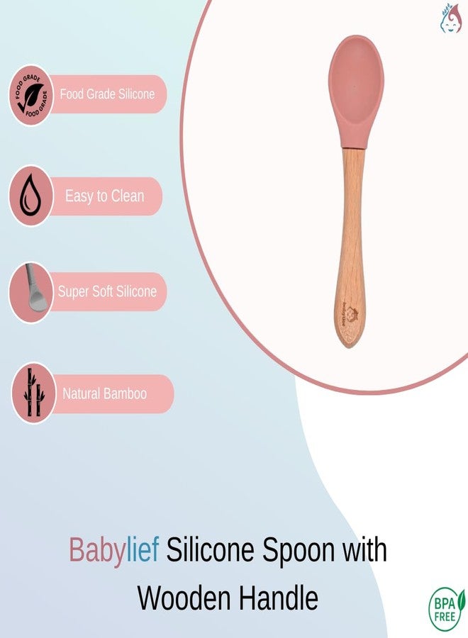 Babylief Bear-Shaped Silicone Divided Plate with Matching Wooden Handle Silicone Spoons Combo (Pink) - Image 3