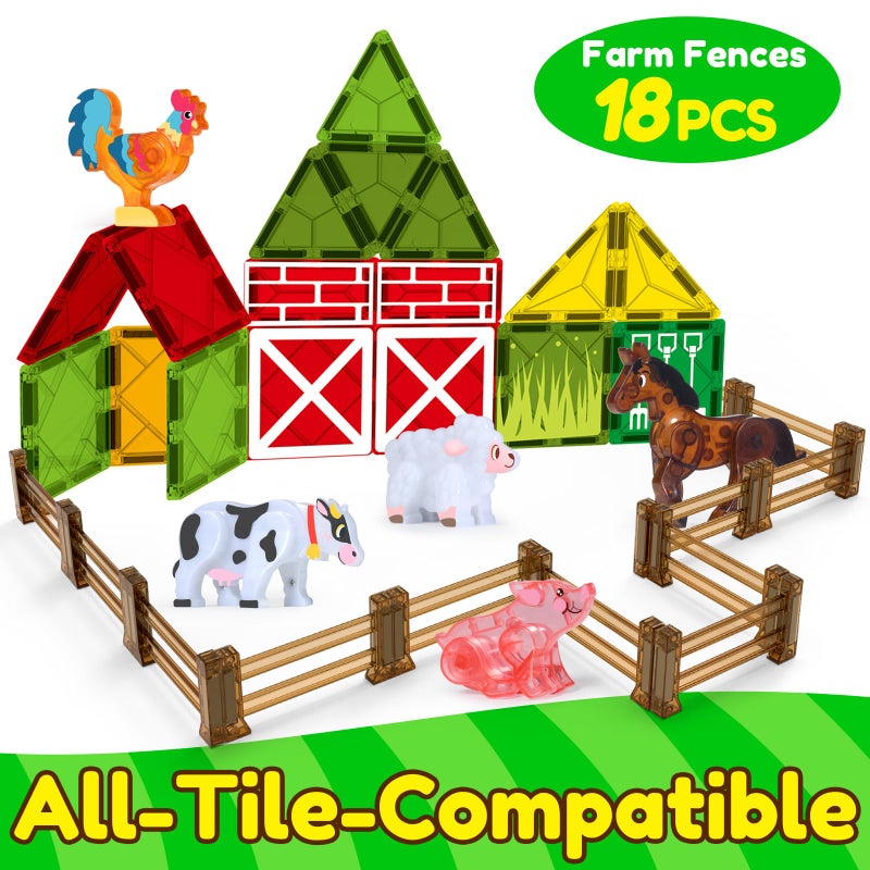 Oriate Farm Animals Fences Magnetic Tiles, 18pcs Magnet Fencing Compatible Garden Farming Zoo Dinosaur, Kids Magnetic Structural Construction Magnets Tile Building Blocks Horse Toys Accessory - Image 2
