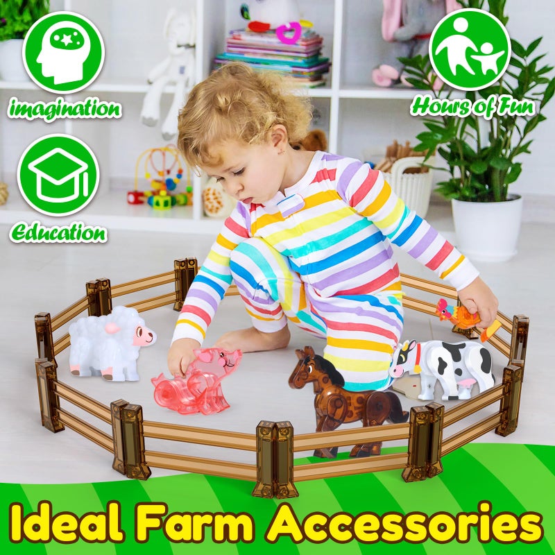 Oriate Farm Animals Fences Magnetic Tiles, 18pcs Magnet Fencing Compatible Garden Farming Zoo Dinosaur, Kids Magnetic Structural Construction Magnets Tile Building Blocks Horse Toys Accessory - Image 3
