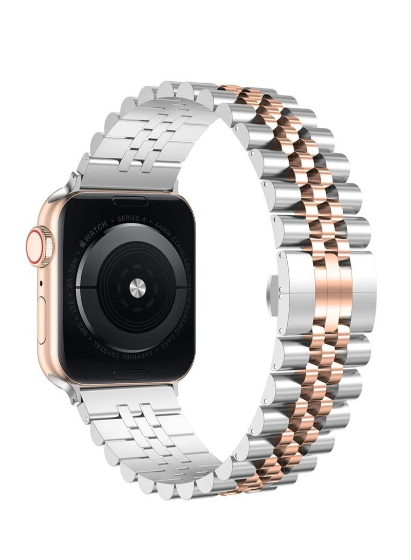 ELTRAZONE Compatible with Apple Watch Band 41mm 40mm 38mm, Stainless Steel Heavy Band with Butterfly Folding Clasp Link Bracelet for iWatch Series8/7/6/SE Series 5/4/3/Men Women ,Silver/Rose Gold - Image 1
