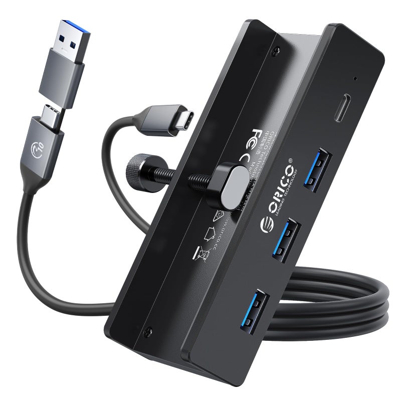 ORICO USB Hub 30 Clamp USB Hub with Extra Power Supply Port Aluminum 4Port USB Adapter with 3 USBA Data Ports USBC Port for Monitors Desks Black - Image 2