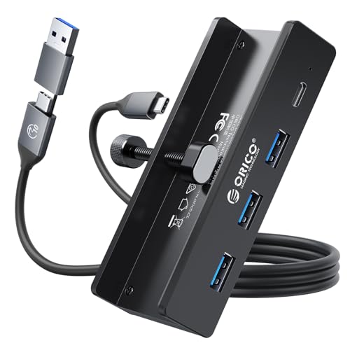 ORICO USB Hub 30 Clamp USB Hub with Extra Power Supply Port Aluminum 4Port USB Adapter with 3 USBA Data Ports USBC Port for Monitors Desks Black - Image 1