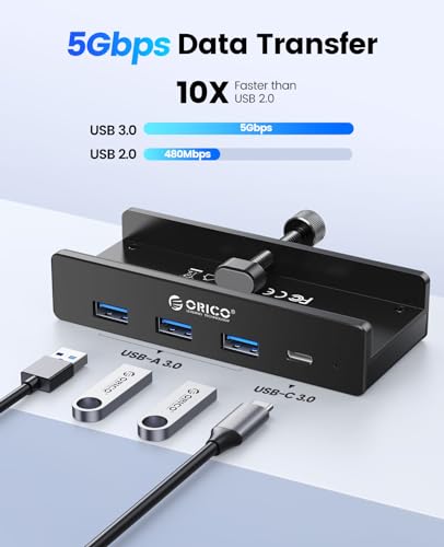 ORICO USB Hub 30 Clamp USB Hub with Extra Power Supply Port Aluminum 4Port USB Adapter with 3 USBA Data Ports USBC Port for Monitors Desks Black - Image 3