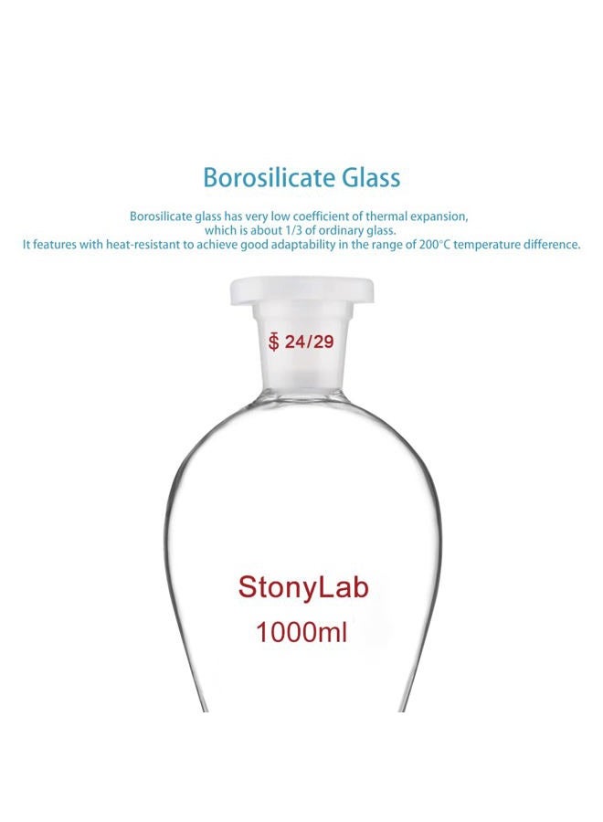 StonyLab Borosilicate Glass 1000ml Heavy Wall Conical Separatory Funnel with 24/29 Joints and PTFE Stopcock - 1000ml - Image 3