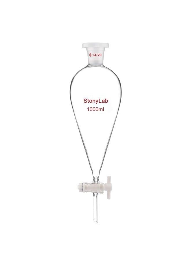 StonyLab Borosilicate Glass 1000ml Heavy Wall Conical Separatory Funnel with 24/29 Joints and PTFE Stopcock - 1000ml - Image 1