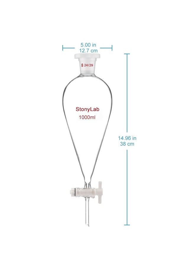 StonyLab Borosilicate Glass 1000ml Heavy Wall Conical Separatory Funnel with 24/29 Joints and PTFE Stopcock - 1000ml - Image 2