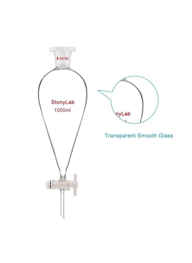 StonyLab Borosilicate Glass 1000ml Heavy Wall Conical Separatory Funnel with 24/29 Joints and PTFE Stopcock - 1000ml - Image 4