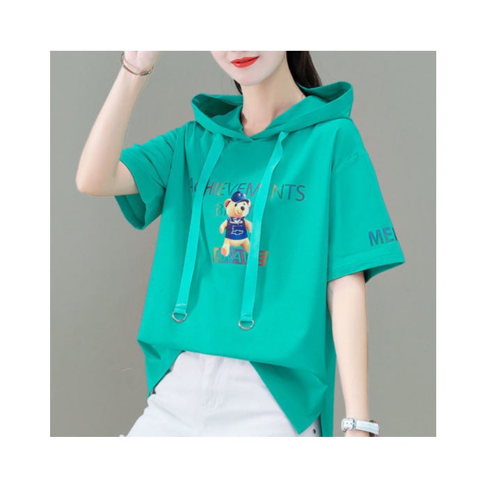 Cotton Short Sleeve Hoodie Tee Loose Fit for Women Green  - Image 1