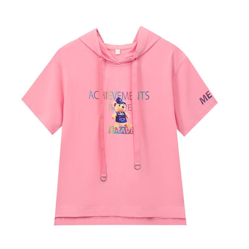 Cotton Short Sleeve Hoodie Tee Loose Fit for Women Green  - Image 3