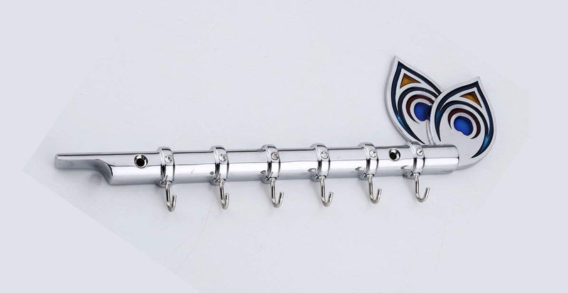 Indeed Krishnas Flute Peacock Quills Key Stand Key Holder for Home Office Chrome Plated Premium and Heavy Flute Key Holder 6 Pin Key Hanging HooksWall Mounted Key HolderWall Hook Stand - Image 2