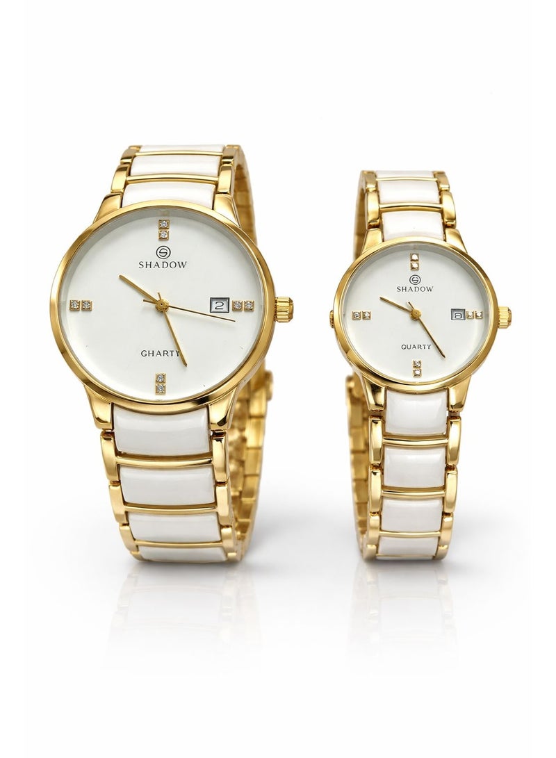 SHADOW Crimson Duo Couple Watch Set SD7113 White & Gold plastic(ceramic model_) Quartz Analog Watches for Men & Women - Image 1