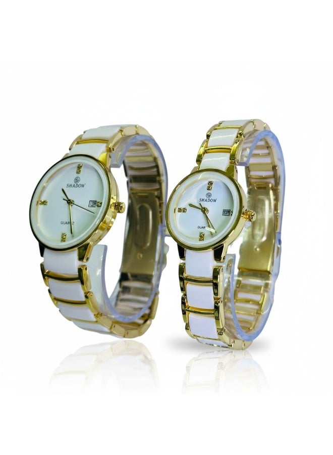 SHADOW Crimson Duo Couple Watch Set SD7113 White & Gold plastic(ceramic model_) Quartz Analog Watches for Men & Women - Image 3