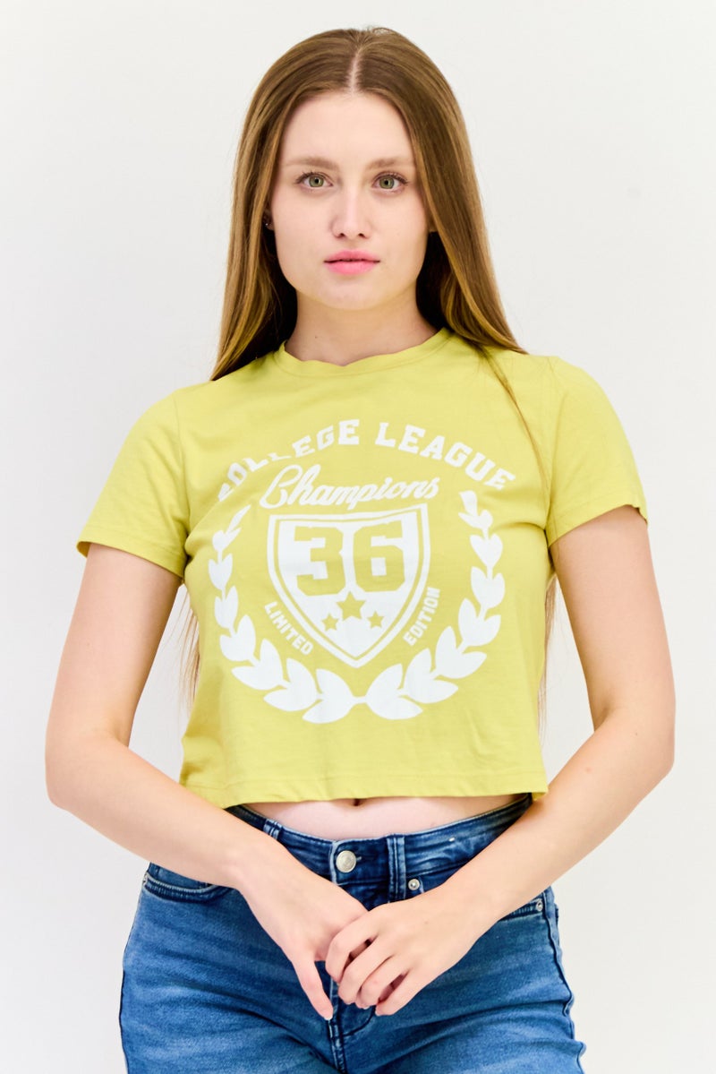ONLY Women Crew Neck Short Sleeve Graphic T Shirt, Yellow  - Image 1