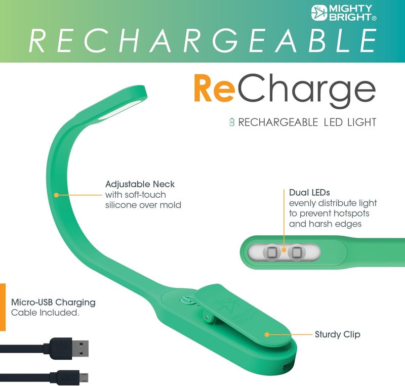 Mighty Bright The Original Recharge Clip On Rechargeable Book Light Reading Light, Warm Eye Care LEDs, Flexible, Durable, Dimmable, Perfect for Kids, Bookworms, Reading in Bed, Lasts 60 Hours (Green) - Image 2