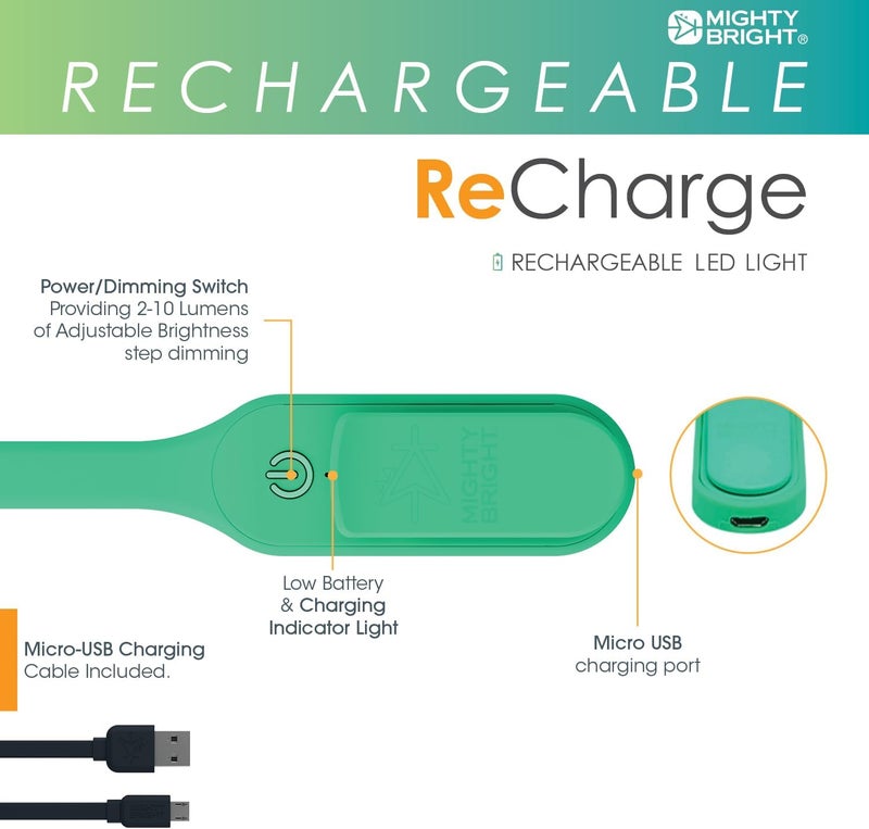 Mighty Bright The Original Recharge Clip On Rechargeable Book Light Reading Light, Warm Eye Care LEDs, Flexible, Durable, Dimmable, Perfect for Kids, Bookworms, Reading in Bed, Lasts 60 Hours (Green) - Image 4