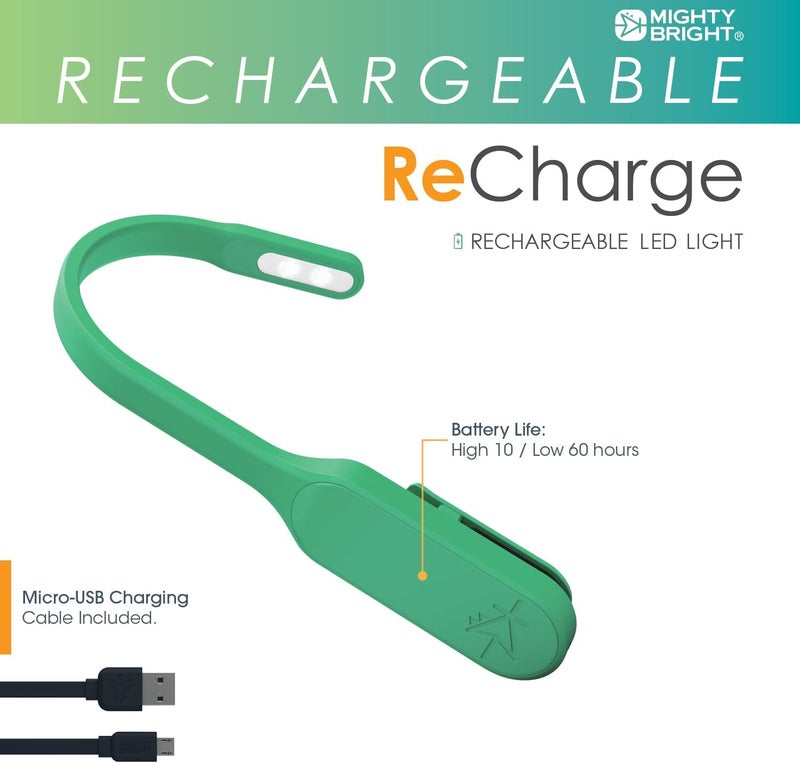 Mighty Bright The Original Recharge Clip On Rechargeable Book Light Reading Light, Warm Eye Care LEDs, Flexible, Durable, Dimmable, Perfect for Kids, Bookworms, Reading in Bed, Lasts 60 Hours (Green) - Image 3