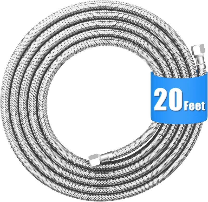 HAO CHEN Refrigerator water line - 20 FT Premium Stainless Steel Braided Ice Maker Water Hose,Food grade PEX Inner Tube Fridge Water Line with 1/4" Fittings for Refrigerator Ice Maker - Image 1