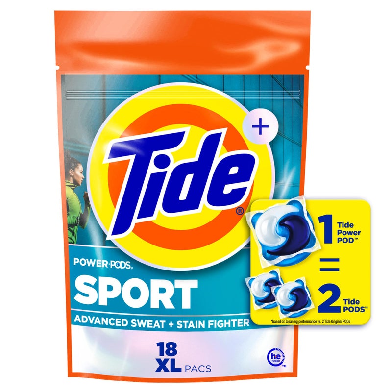 Tide بودات غسيل تايد مع فيبريز سبورت 18 حبة مع انتعاش فيبريز ودفاع ضد الروائح الرياضية