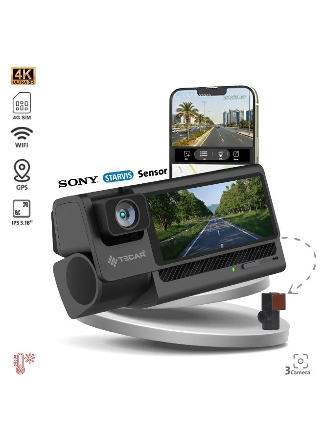 TE-D334G Dash Cam with three Sony cameras, 4K front camera, FHD rear camera, 4G SIM tracking, 24/7 recording, with smart app + audio recording + screen
