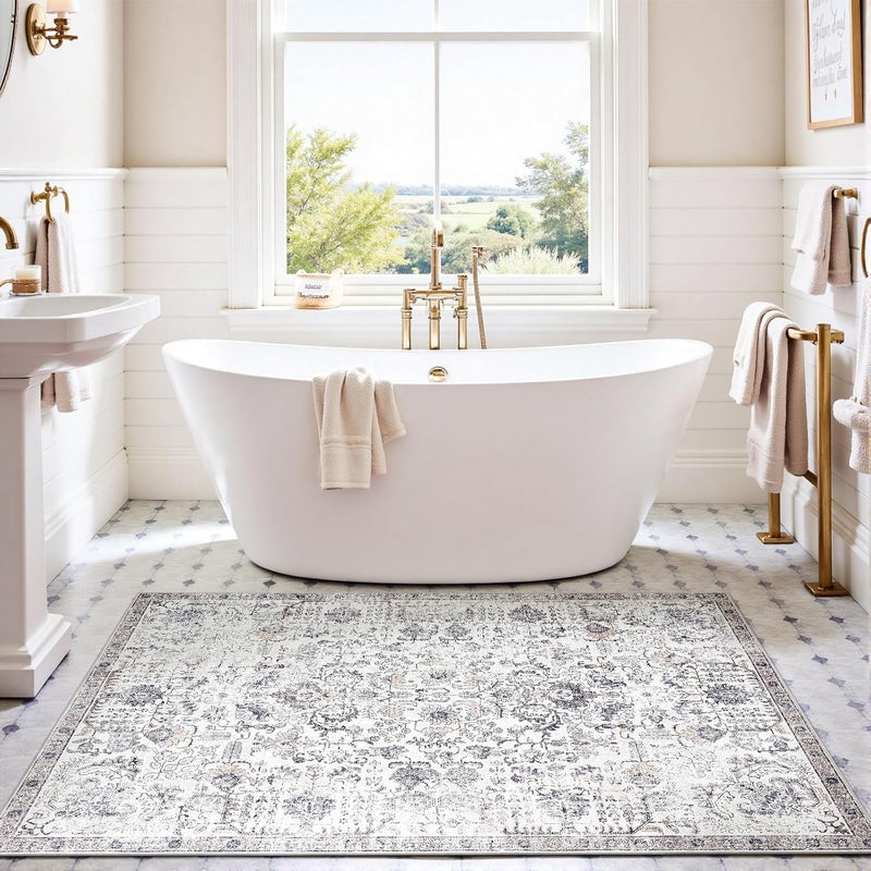 jinchan Area Rug 183x122CM Vintage Rug Indoor Washable Rug Gray Retro Accent Rug Distressed Carpet Grey Multi Floral Print Country Boho Rug Non Slip Kitchen Bedroom Living Room Dining Room Office - Image 4