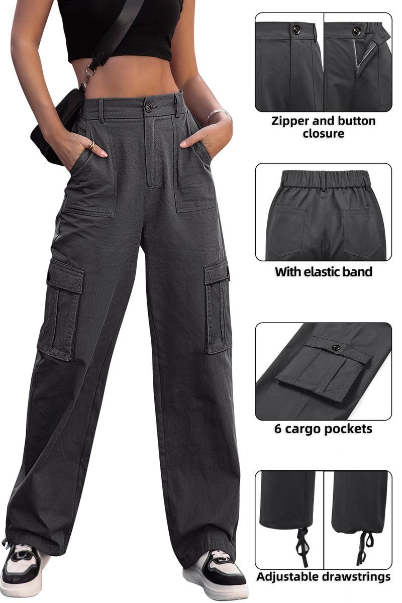 ZMPSIISA Women High Waisted Cargo Pants Wide Leg Casual Pants 6 Pockets Combat Military Trousers(Grey,Large) - Image 4