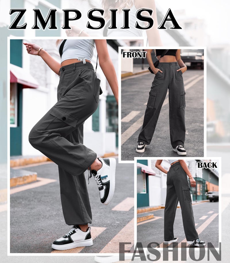 ZMPSIISA Women High Waisted Cargo Pants Wide Leg Casual Pants 6 Pockets Combat Military Trousers(Grey,Large) - Image 3