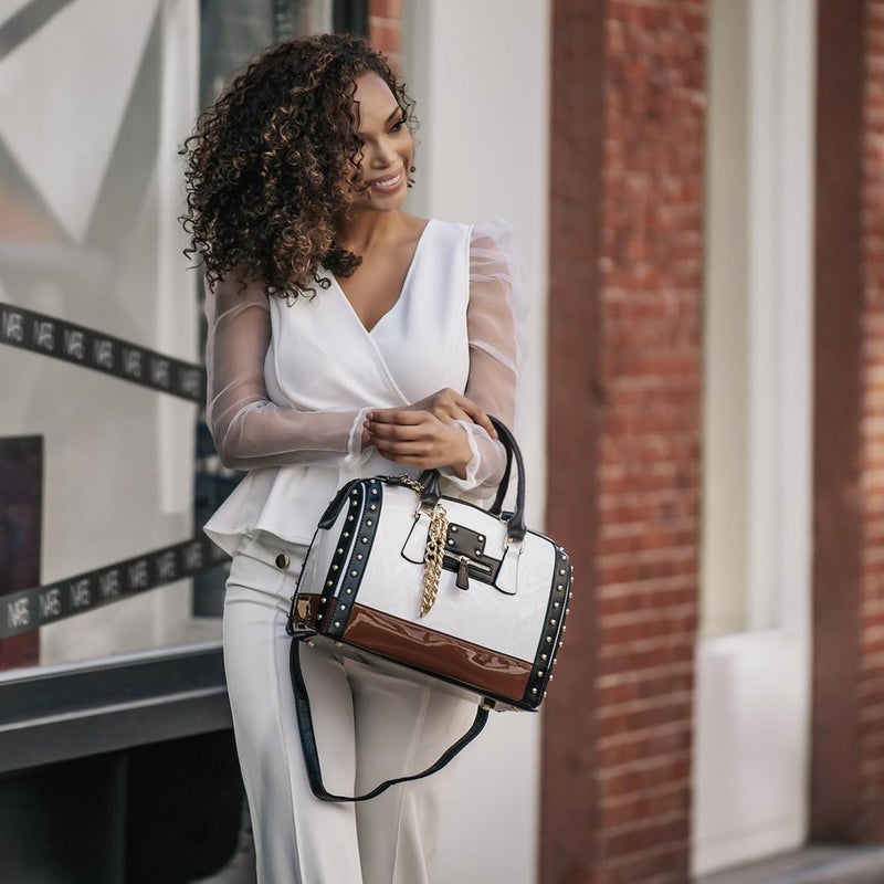 Dasein Women's Barrel Bag Shiny Patent Faux Leather Handbag with Rivet Decoration Top Handle Satchel Shoulder Purse (Large White) - Image 2