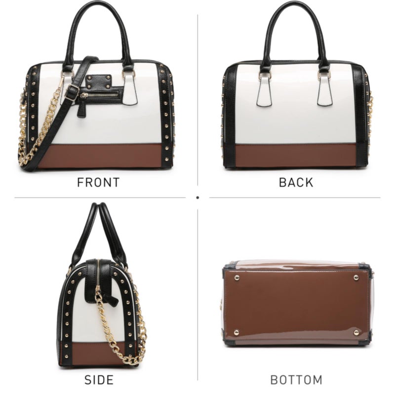 Dasein Women's Barrel Bag Shiny Patent Faux Leather Handbag with Rivet Decoration Top Handle Satchel Shoulder Purse (Large White) - Image 3