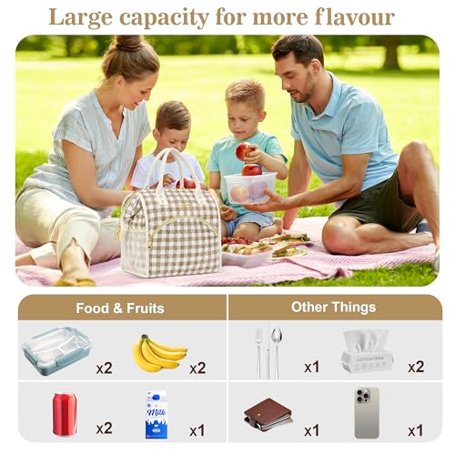 LOKASS Insulated Lunch Bag Women Reusable 10 L Lunch Box for Women Leakproof Tote Cooler Bag for Adults Work Beach Travel Picnic BrownWhite Diamond Grid - Image 3