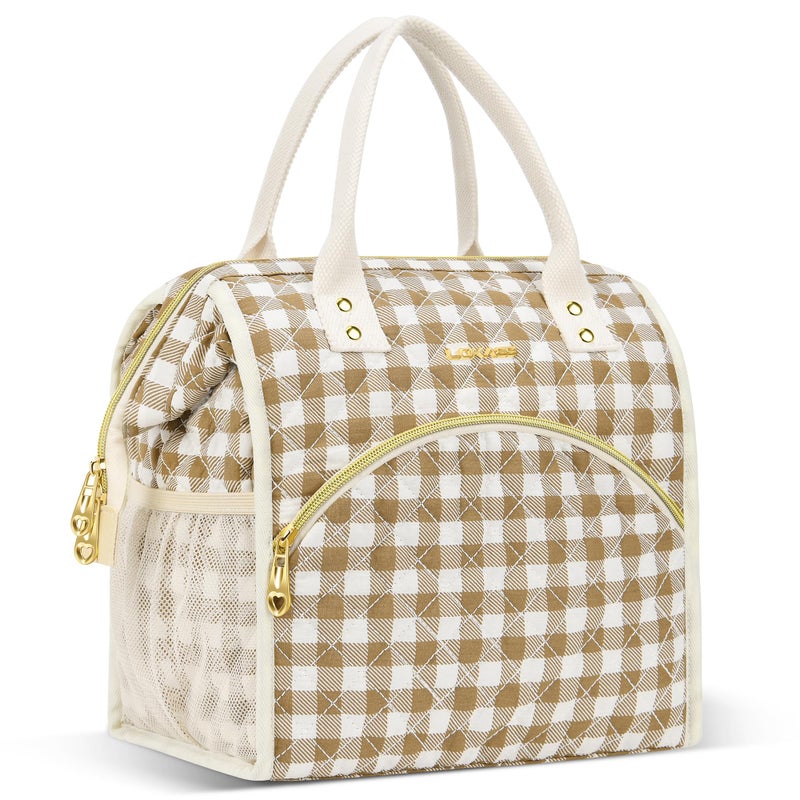 LOKASS Insulated Lunch Bag Women Reusable 10 L Lunch Box for Women Leakproof Tote Cooler Bag for Adults Work Beach Travel Picnic BrownWhite Diamond Grid - Image 2