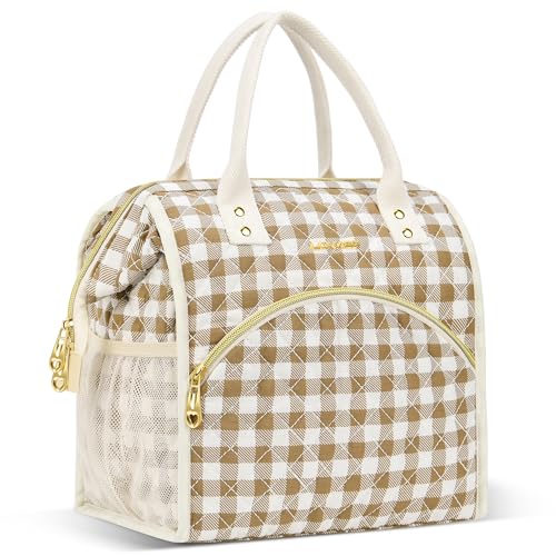 LOKASS Insulated Lunch Bag Women Reusable 10 L Lunch Box for Women Leakproof Tote Cooler Bag for Adults Work Beach Travel Picnic BrownWhite Diamond Grid - Image 1