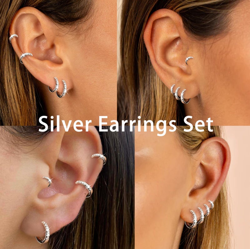 Gokeey S925 Sterling Silver Cartilage Hoop Earrings for Women,Dainty Small Tragus Helix Conch Huggie Hoop Earring Set for Multiple Piercing,Cute Mini Tiny Cubic Zirconia Earring for Jewelry Gifts Hypoallergenic - Image 5