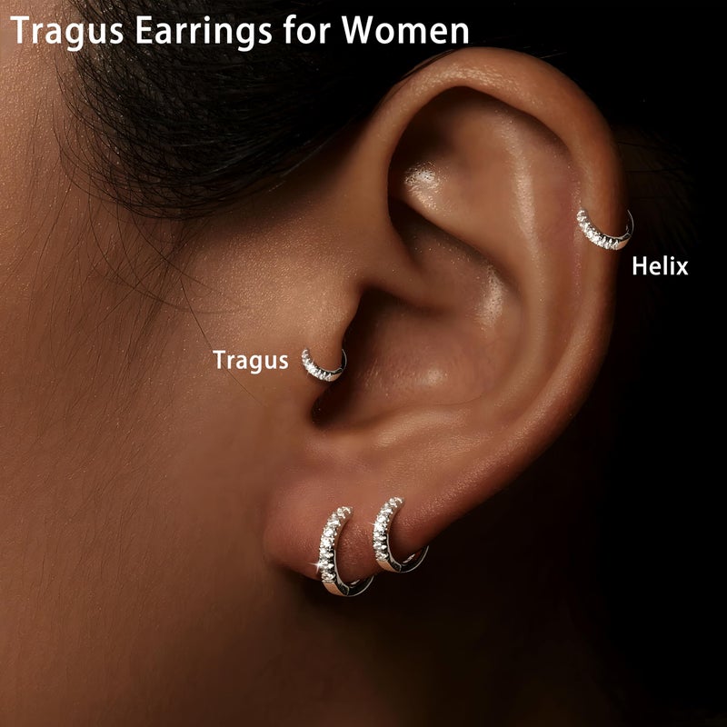 Gokeey S925 Sterling Silver Cartilage Hoop Earrings for Women,Dainty Small Tragus Helix Conch Huggie Hoop Earring Set for Multiple Piercing,Cute Mini Tiny Cubic Zirconia Earring for Jewelry Gifts Hypoallergenic - Image 2