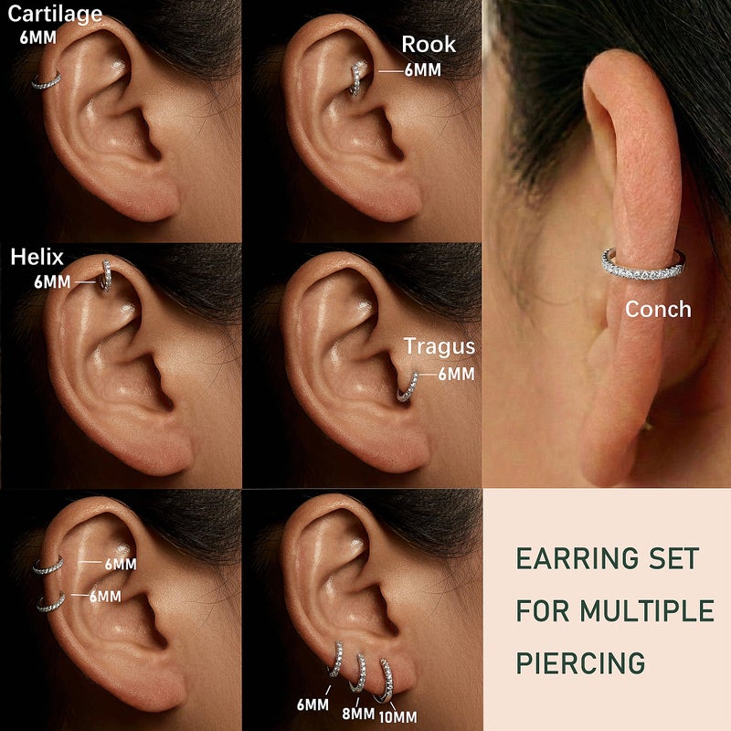 Gokeey S925 Sterling Silver Cartilage Hoop Earrings for Women,Dainty Small Tragus Helix Conch Huggie Hoop Earring Set for Multiple Piercing,Cute Mini Tiny Cubic Zirconia Earring for Jewelry Gifts Hypoallergenic - Image 4