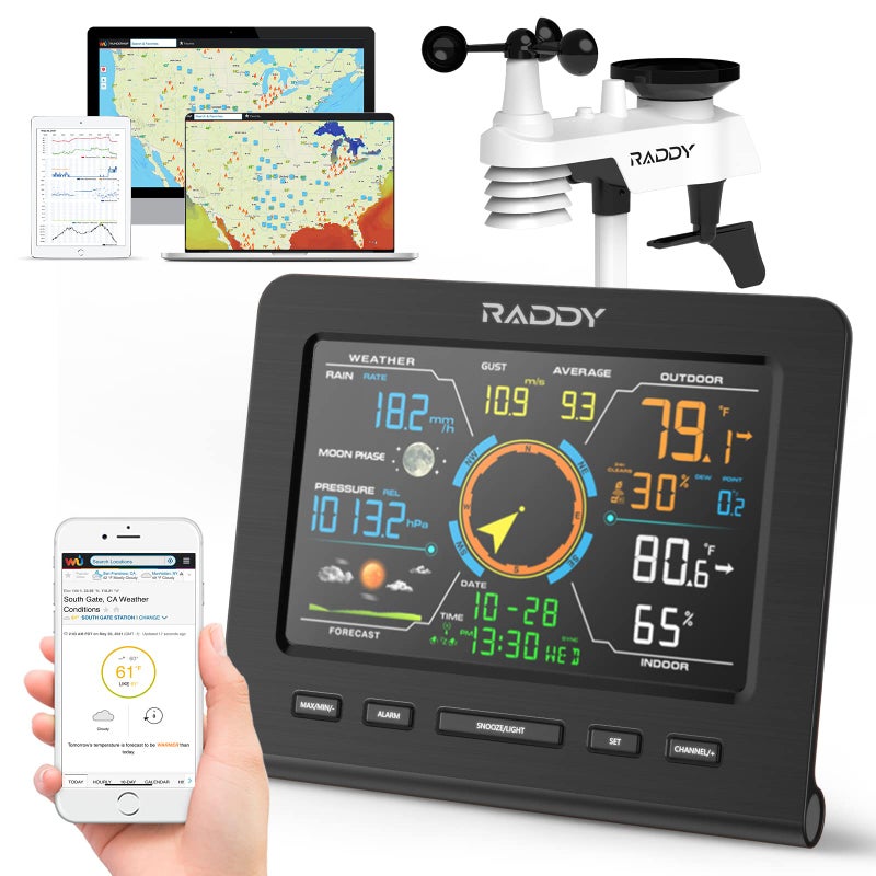 محطة الطقس اللاسلكية Raddy WF100C Lite الداخلية والخارجية مع مقياس الحرارة والضغط الجوي والرطوبة وسرعة الرياح ومقياس المطر وتوقعات الطقس ومرحلة القمر وساعة منبه للمنزل والحديقة
