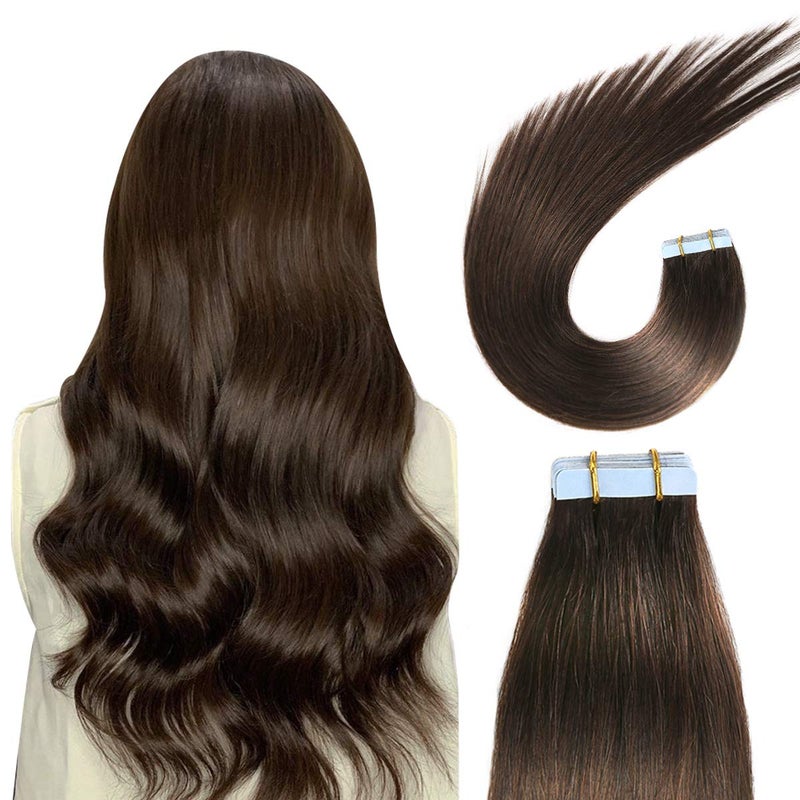 SUYYA Tape in Hair Extensions Human Hair 100 Remy Human Hair Darkest Brown 50gpack 20pcs Straight Seamless Skin Weft Tape in Human Hair Extensions24 inches 2 Darkest Brown